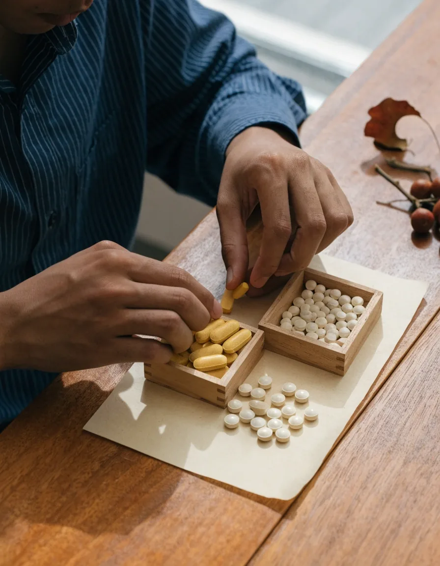 A long arrangement of tablets, mineral caplets and extract granules on a bone paper sheet