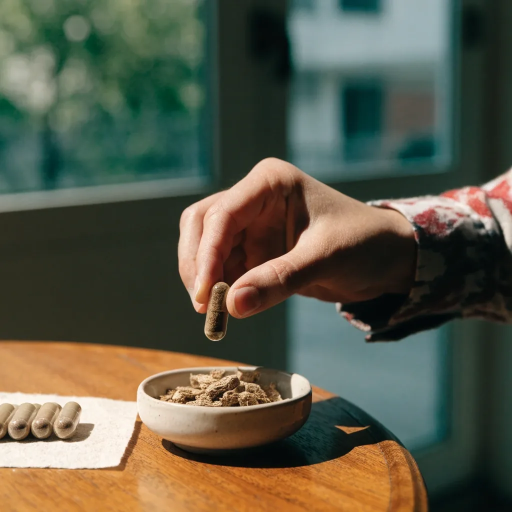 A short row of herbal capsules with a small dish of dried root on bone paper