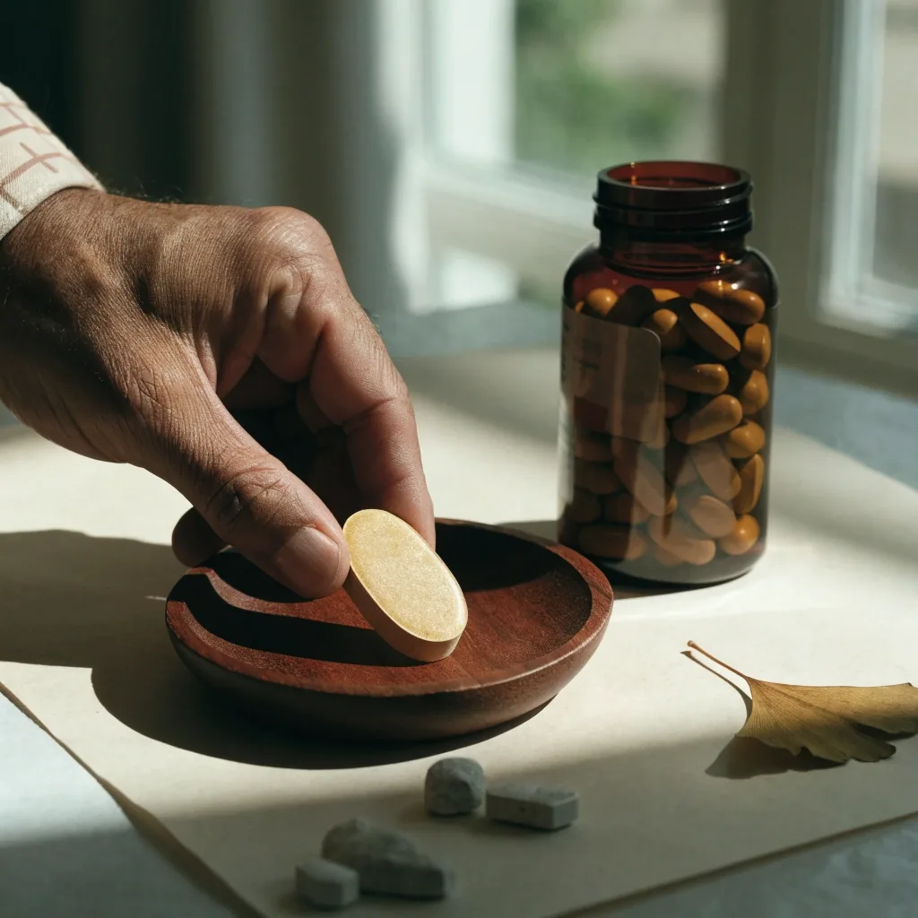An amber supplement bottle with a small fan of tablets arranged in front on bone paper