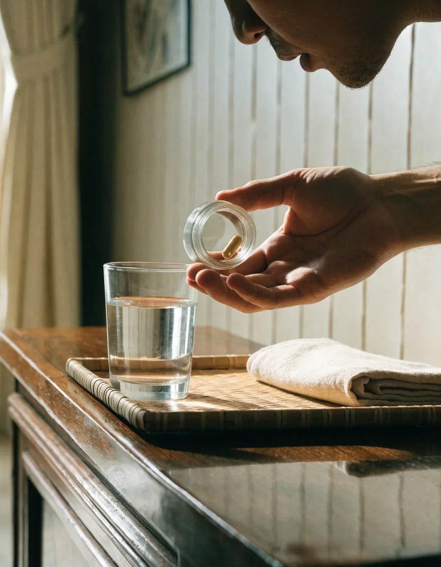 Capsules in a shallow dish on a morning kitchen counter with hands resting beside it