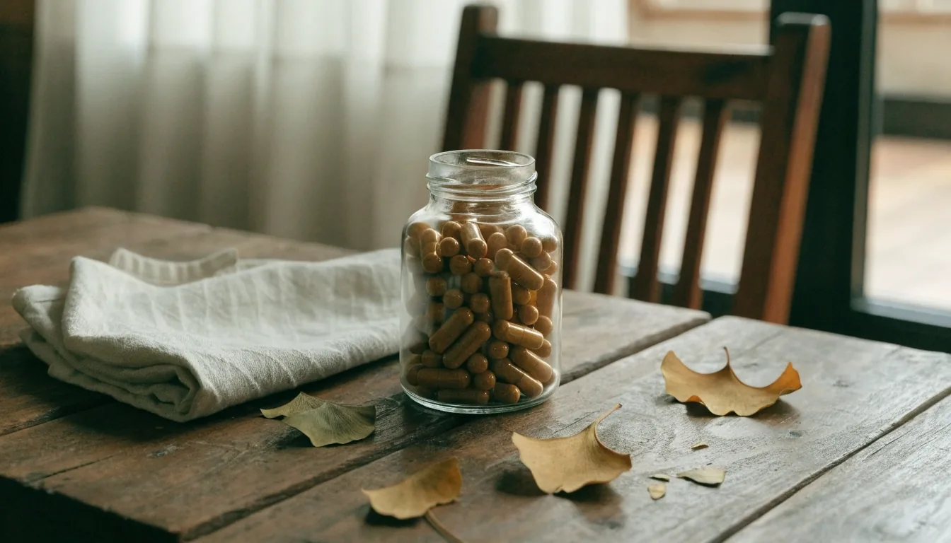 Herbal capsules and pressed dried botanical leaves on a dark matte surface under raking sunset light