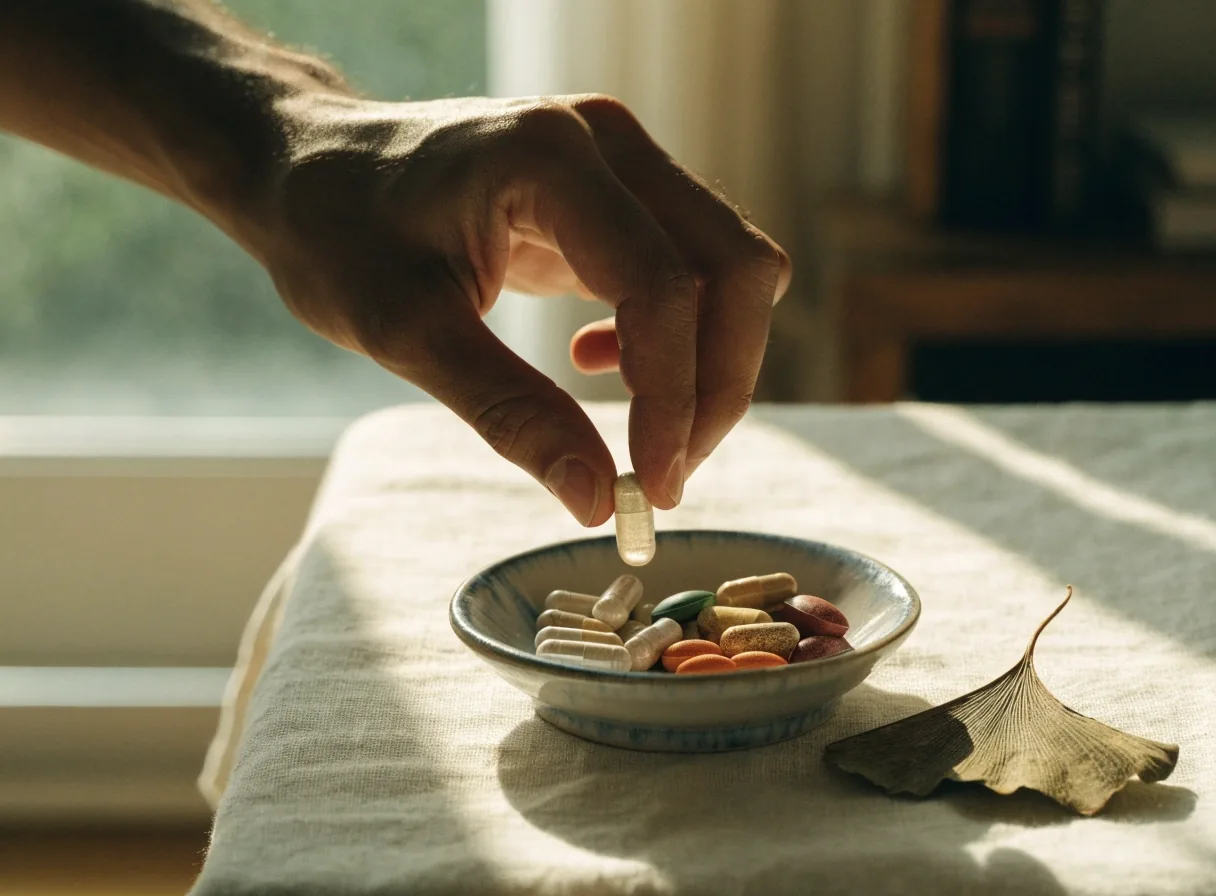 Multivitamin tablets, magnesium caplets and a cut herbal capsule on bone paper over a magenta sheet