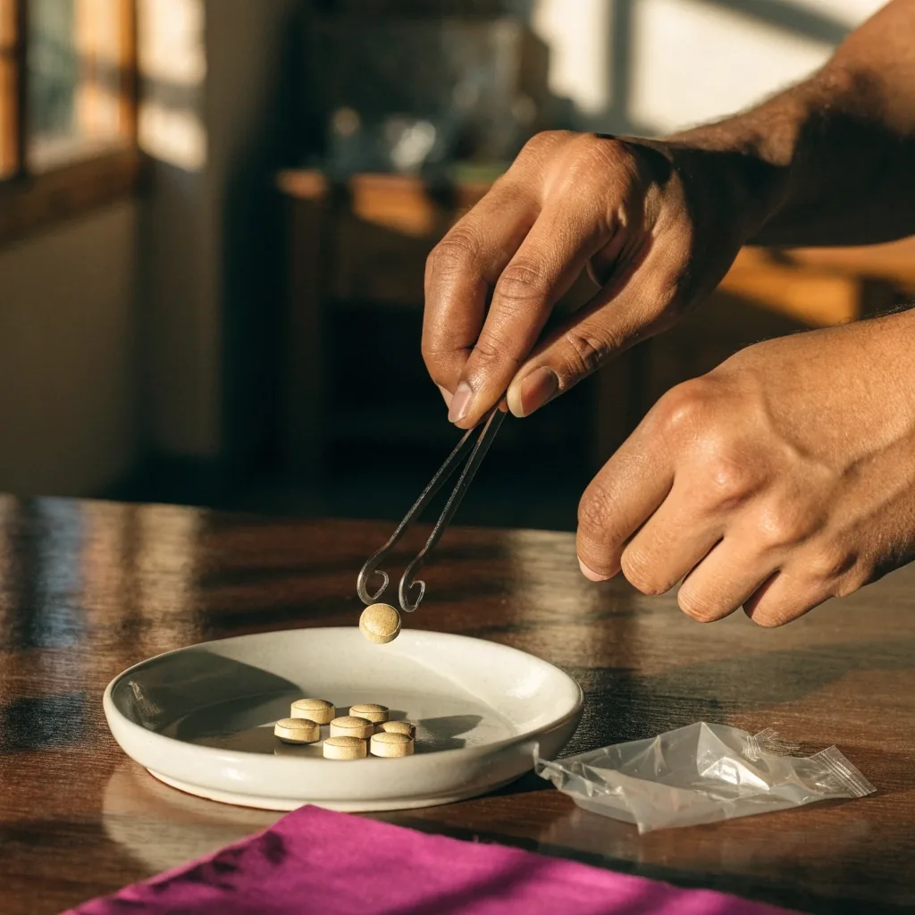 Hands placing a magnesium caplet into a shallow ceramic dish beside a folded magenta sheet in six-o'clock sunlight