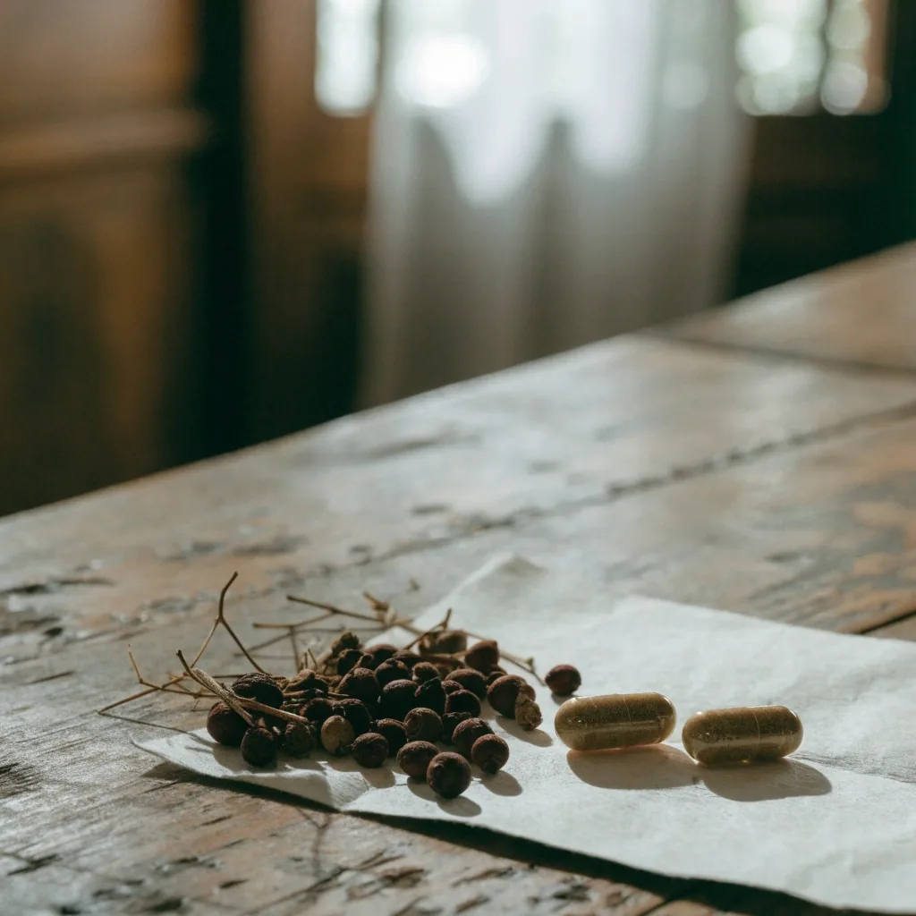 Dried saw palmetto berries beside two brown herbal capsules on a bone paper sheet