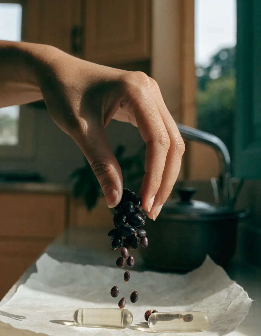 Grape seeds and dark grape skins arranged with capsules on a bone paper sheet