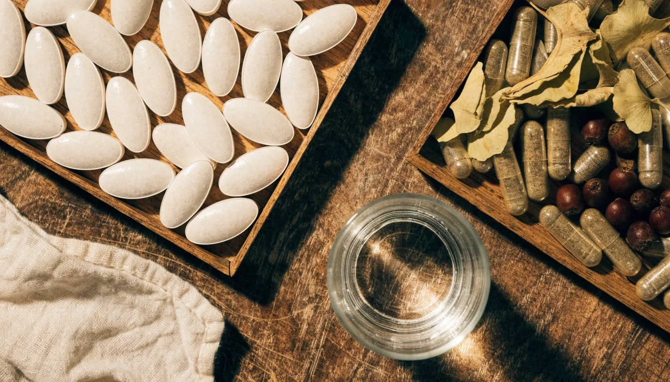 Mineral tablets and capsules compared with dried botanical fragments and herbal capsules on one bone paper sheet