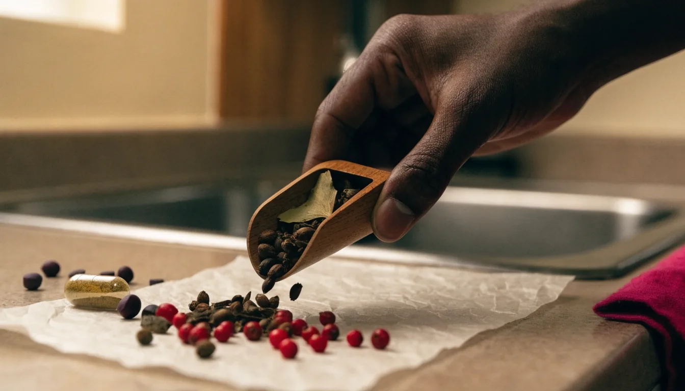 Pressed ginkgo leaf and saw palmetto berries arranged with a herbal capsule on bone paper over a magenta mounting sheet