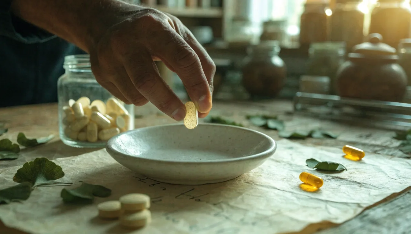 A hand placing plant-based multivitamin tablets into a shallow dish beside folded bone paper