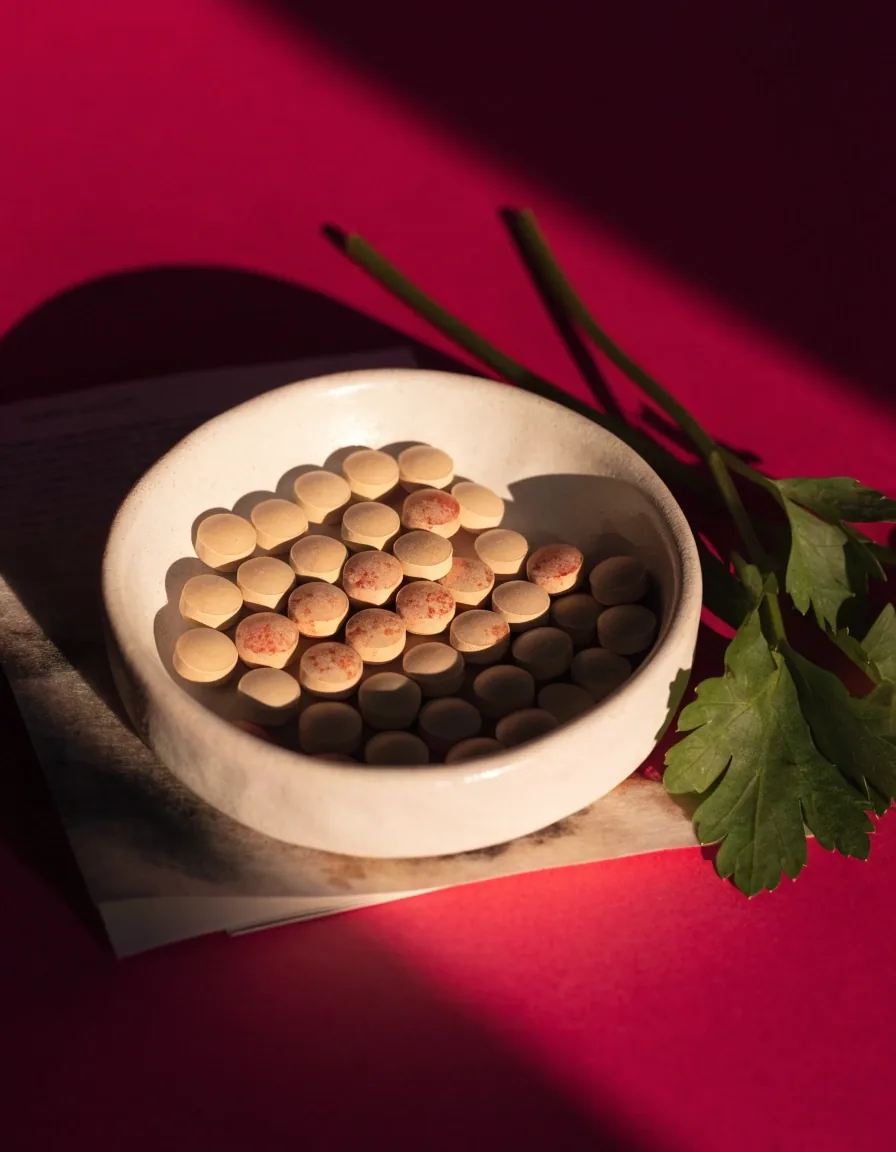 A shallow ceramic dish of plant-based multivitamin tablets with fresh parsley beside it on bone paper