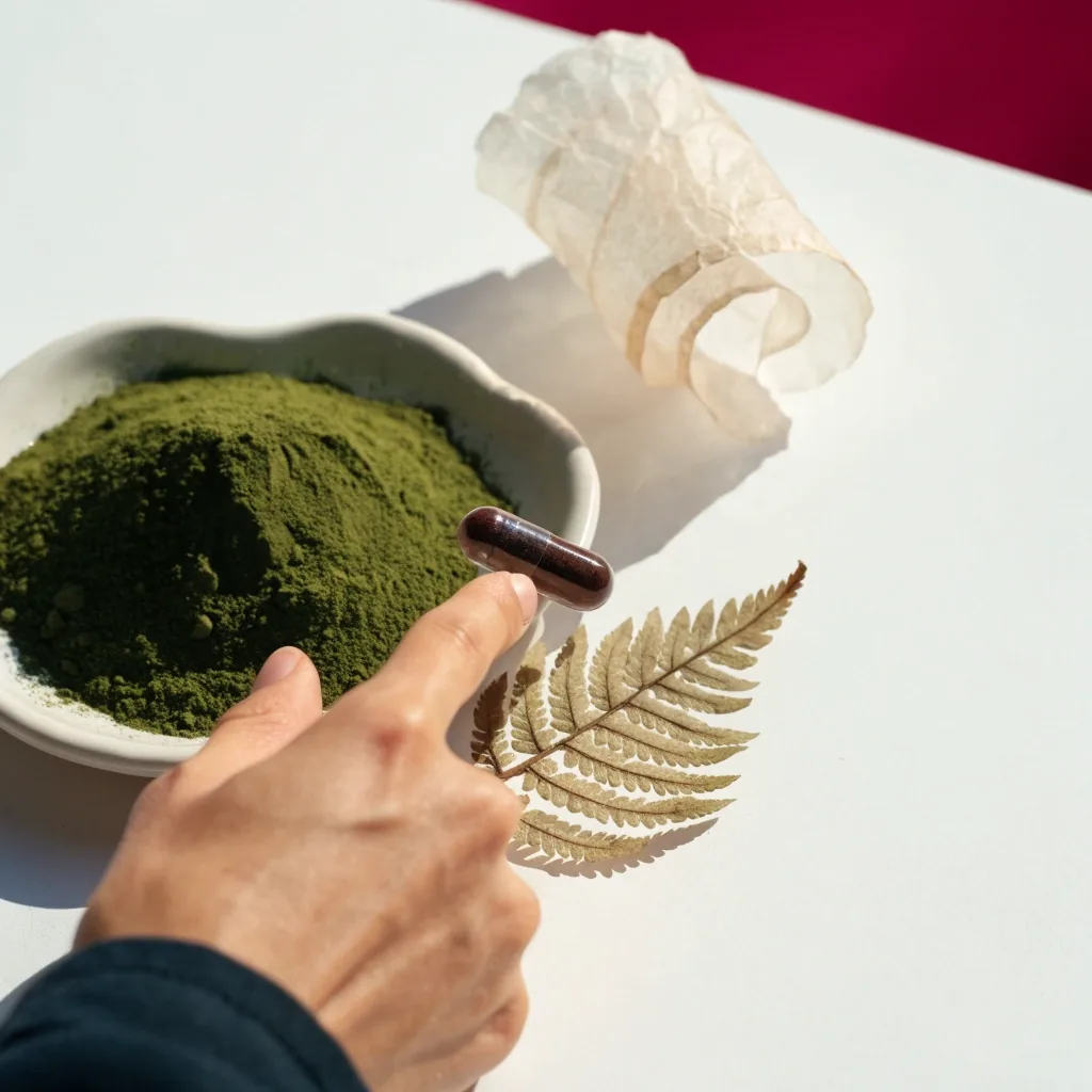 An opened plant-based capsule with green powder and a pressed fern leaf on bone paper over magenta mount