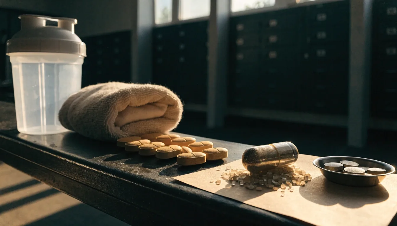 Mineral multivitamin tablets and an opened capsule with magnesium crystals on bone paper in low raking light