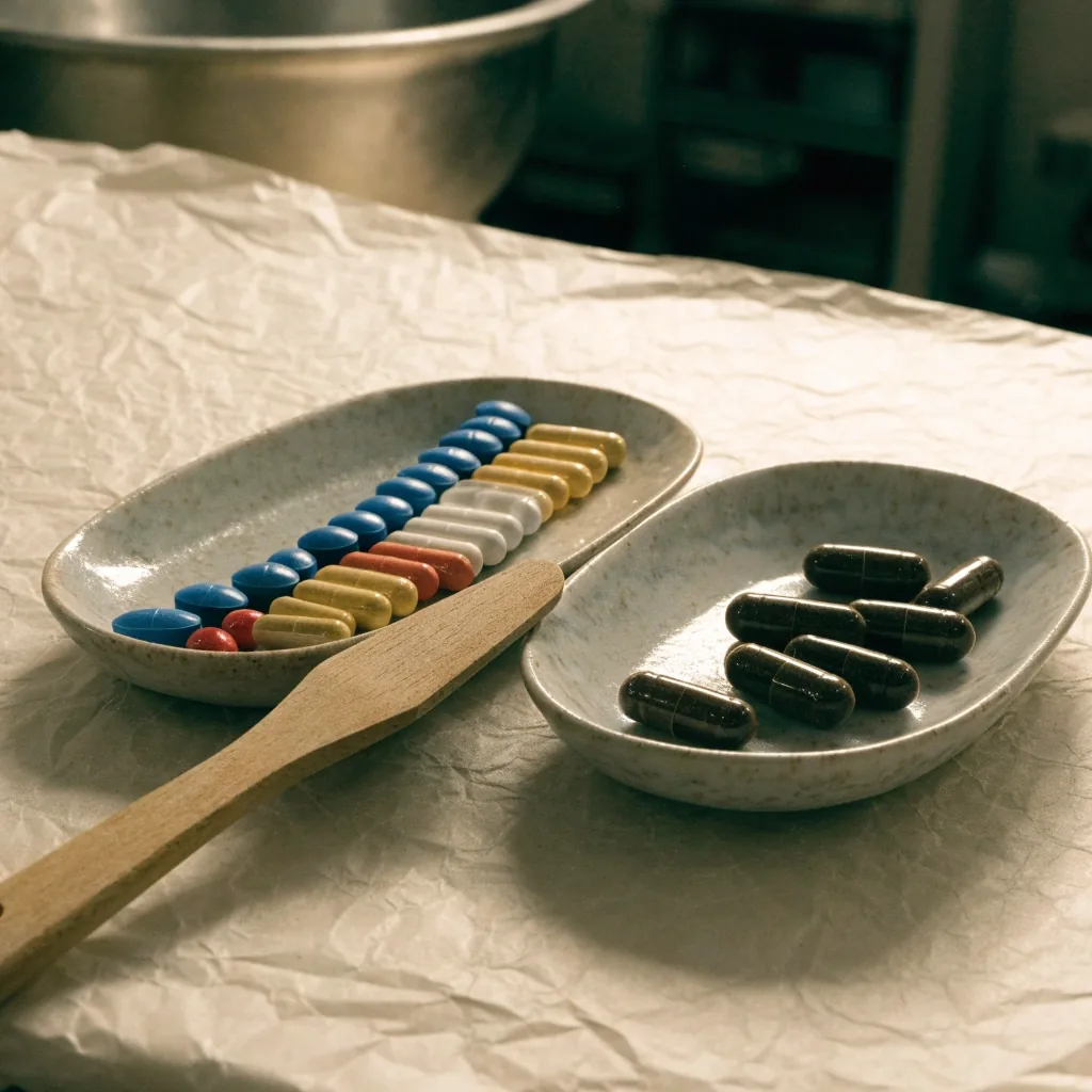 Two shallow trays comparing a long line of imported multivitamin tablets with a small group of dark herbal capsules